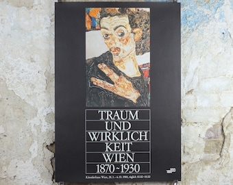 1985 Egon Schiele Poster, Self portrait, Dream and Reality, Expressionism gallery exhibition, wall art decor