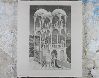 1958 Vintage M.C. Escher Poster, Belvedere, Surrealism Dutch print from Cordon Art from Baarn Holland, wall art decor