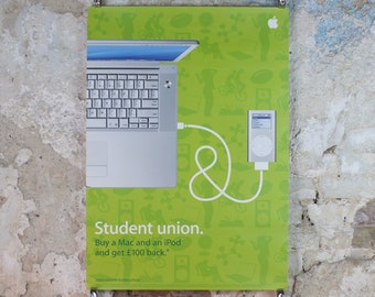 2005 Apple Mac & iPod Poster, Student Union offer buy a Mac and iPod and get 100 back, computer and music player, retro wall art decor