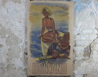 1950 Original Holland Travel Poster, Fisherman with his daughter, Les Pays Bas, The Netherlands, travel holiday vacation wall art decor