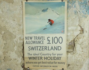 1950s Swiss Ski Travel Poster, Switzerland, Swiss National Tourist Office, Winter Holiday, travel tourism skiing vacation, wall art decor