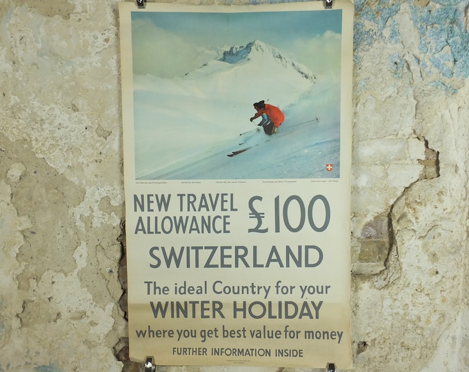 Featured listing image: 1950s Swiss Ski Travel Poster, Switzerland, Swiss National Tourist Office, Winter Holiday, travel tourism skiing vacation, wall art decor