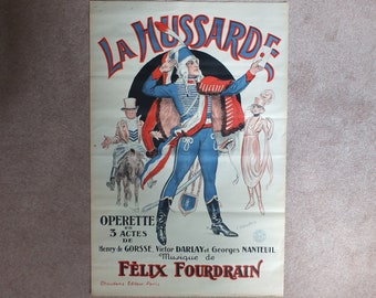 Original Vintage French poster La Hussarde theatre opera advertising art deco nouveau print L D Valdeane wall art retro 1920s 1925