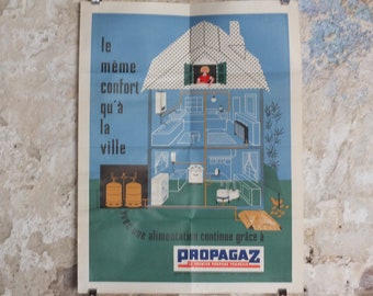 Original Vintage French Propagaz gas poster advertising cylinder home heating boiler Mariner industrial art wall interior design 1970s