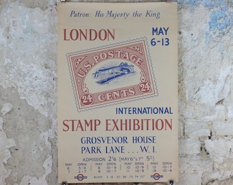 1950 London International Stamp Exhibition Poster, USA Inverted Jenny, Plane 24c, Park Lane, Grosvenor House, exhibition wall art decor