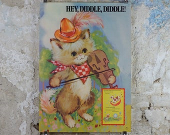 1970s Hey Diddle Diddle Nursery Poster, Vintage nursery rhyme, from Rustcraft greeting cards, wall art decor