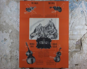 Vintage Strings Instruments Music Poster, The Strings, Violin, Viola, Cello, Violin-Cello, Double Bass, classical music wall art decor