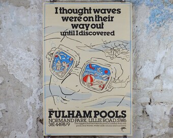1970s Fulham Pools Poster, Swim waterslides, Normand Park, Lillie Road SW6, swimming lifestyle, fitness advertising print wall art decor