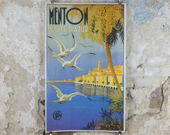 Menton Cote d'Azure Poster, SNCF French Riviera, reproduction from the 1980s, wall art decor