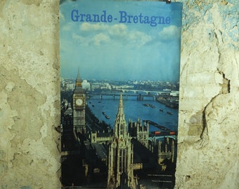 Original Vintage Great Britain Houses of Parliament Travel Poster London Britain River Thames travel tourism holiday vacation wall art 1950s
