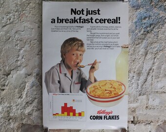 Original Vintage Kelloggs Cornflakes Poster Breakfast Cereal Fibre milk healthy eating nutrition Kitchen print wall art retro 1980s