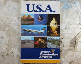 1970s British Caledonian Airways Poster, USA, McDonnell Douglas DC 10, Aviation, travel wall art decor