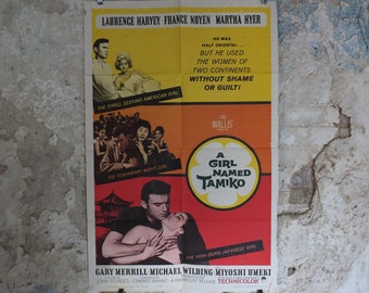 Original Vintage Movie Poster A Girl Named Tamiko 1962 1960s wall art america japan red orange yellow US one sheet cinema film memorabilia