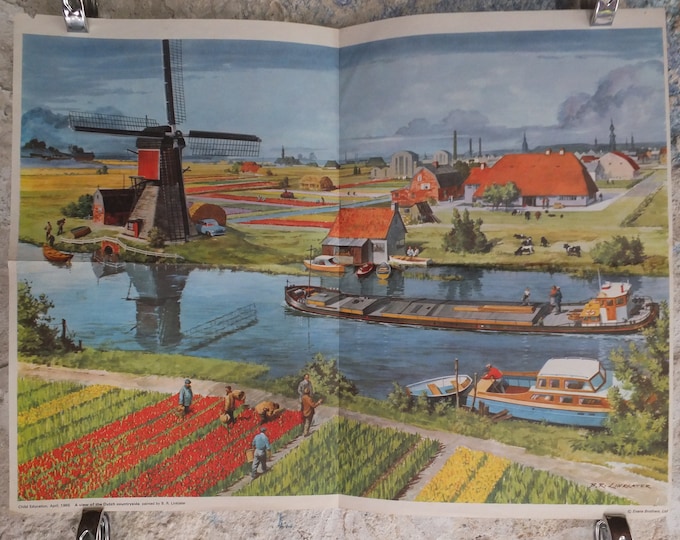 Featured listing image: Original Vintage British Child Education Dutch Barge Canal Windmill tulips flowers mid century print wall art Linklater 1969 1960s