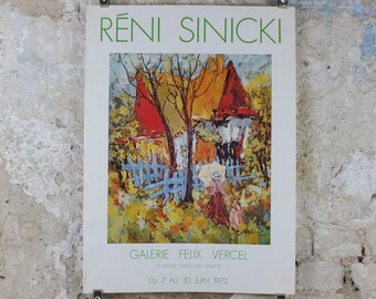 1972 Rene Sinicki Poster, A bright rural country scene of cottage from the south of France, Impressionism gallery exhibition, wall art decor