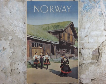 1961 Norway Norsk Folkemuseum Poster, Ose Setesdal, Norway Travel Association & Norwegian State Railways, tourism vacation wall art decor