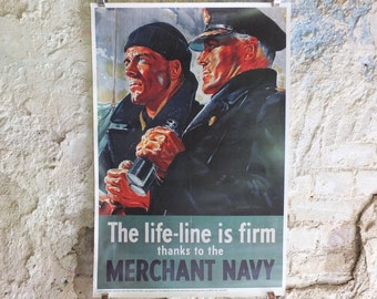 Vintage British WW2 Lifeline is Firm Royal Merchant Navy Propaganda Poster Telegraph bombers reprint print wall art 1980s