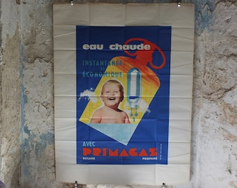 Original Vintage French Primagaz baby gas poster advertising home heating boiler water propane industrial art wall interior design 1960s