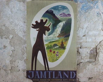 1955 Swedish Jamtland Travel Poster, the souvenir Jamtalgen wooden Moose, Jämtälgen, Sweden Jämtland tourism vacation wall art decor
