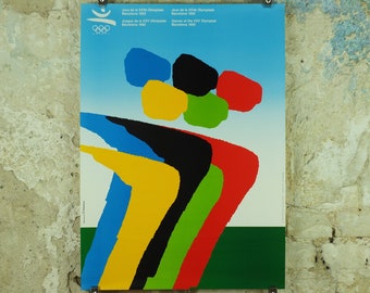 Vintage Barcelona Olympic Poster, Olympic Rings and Athletes by Arcadi Moradell, 1992, XXV Olympiad, post modern, sport wall art 1990s