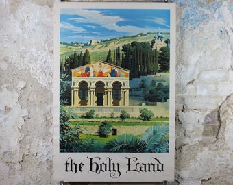 1960s The Holy Land Poster, Jerusalem, Church of All Nations in Gethsemane Garden by Conger Metcalf, Travel tourism vacation wall art decor