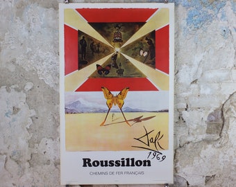 Vintage Dali Roussillon Poster, Salvador Dali, Butterflies, SNCF, travel tourism, 100cmx62cm, Chemins de fer Francais, wall art 1970s