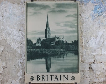 1947 Salisbury Cathedral Britain Poster, Wiltshire, Travel Association United Kingdom, travel tourism, holiday vacation wall art decor