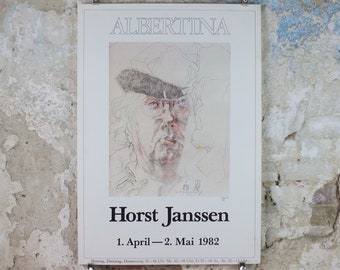 1981 Horst Janssen Poster, Self Portrait 1982, Albertina Wein, lithography and print making, gallery exhibition wall art decor