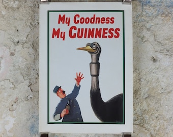 1981 John Gilroy Guinness Toucan Poster, Ostrich 1936, Guinness Zookeeper with ostrich who has swallowed his pint, wall art retro decor