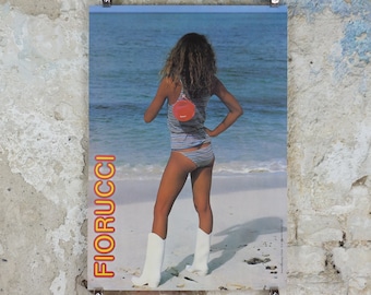 1980 Fiorucci rare Poster, beautiful beach babe in blue bikini and white boots, Italian fashion label, advertising retro wall art decor