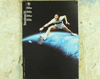 Original Vintage Olympic Spanish Barcelona 1992 Badminton Poster shuttlecock NASA world Olympiad sport wall art 1990s