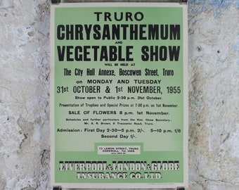 1955 Truro Chrysanthemum and Vegetable Show Poster, Kitchenalia decoration, Garden botanical flora plants blooms, wall art decor