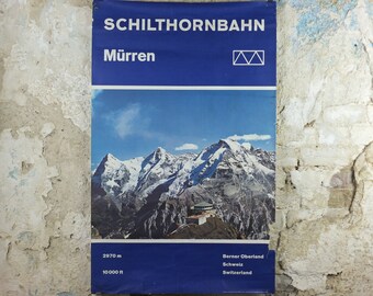 1960s Schilthornbahn Skiing Poster, Murren, Switzerland, Schweiz, Suisse, damaged, Piz Gloria Mountain, tourism vacation wall art decor