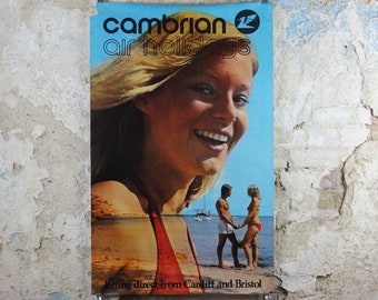 1960s Cambrian Air Holidays Poster, direct from Cardiff and Bristol, smiling girl on the sunny beach, tourism vacation wall art decor