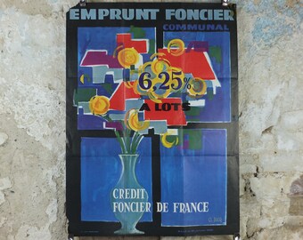 1967 French Land Loan Poster, a vase with flowers blooming into housing, by Becq, French Finance, Bonds and financial loans, wall art decor