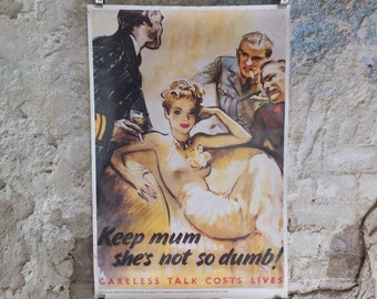 Vintage British WW2 Keep Mum shes not so dumb Careless Talk costs lives Propaganda Poster Jobson Telegraph reprint print wall art 1980s