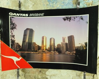 Original Vintage Australia Qantas Brisbane Travel Poster city bay harbour skyscrapers travel tourism holiday vacation wall art 1990