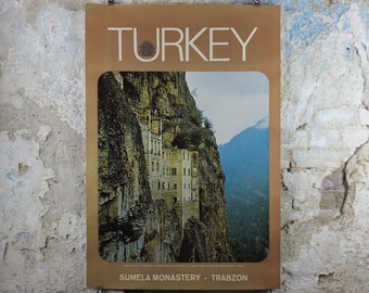 1960s Trabzon Turkey Travel Poster, Sumela Monastery, Original Turkish, travel tourism, holiday vacation, wall art decor