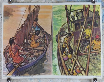 1969 Child Education Fishermen Poster, Contrasts between biblical and modern fishermen, by A.R. Whitear, mid century print, wall art