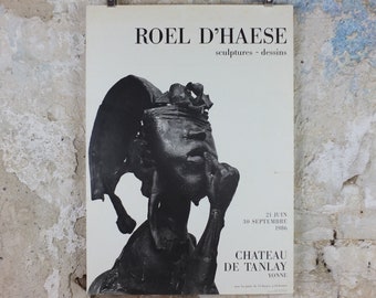 1986 Roel D'Haese Poster, Montezuma 1981 in bronze, Surrealist sculpture, at Chateau de Tanlay, artist gallery exhibition, wall art decor