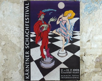 1993 Austrian Chess Poster, Kärntner Schachfestival, Klagenfurt Velden, king and queen, angel and devil, wall art decor
