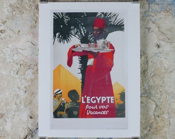 Egypt Pyramids Travel Poster, L'Egypt pour vos Vacances, Reprint, travel and tourism advertising, wall art decor 1990s
