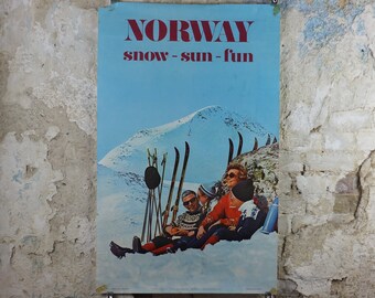 1970 Norway Skiing Poster, Snow, Sun, Fun, Norway Travel Association for Norwegian State Railways, tourism skiing vacation wall art decor