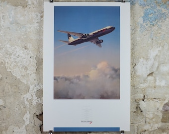 1989 British Airways Poster, Boeing 767, by Roy Huxley, BA Aviation aircraft aeroplane plane, travel wall art decor