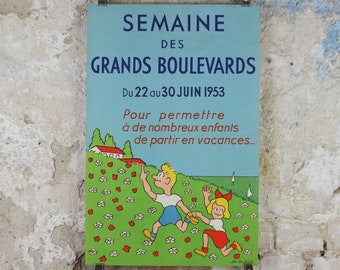 1953 Children on Holiday Poster, bright and colourful French art for the "Grand Boulevards Week, for children's vacations, wall art decor