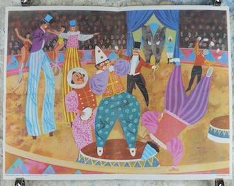 1970 Child Education Circus Poster, Clowns, Ringmaster, Elephant, mid century print, wall art