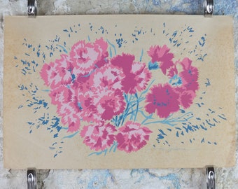 1930s Floral Poster by Guy Serre, French Flowers Fleurs, Original gouache artwork signed on this paper,  wall art retro decor
