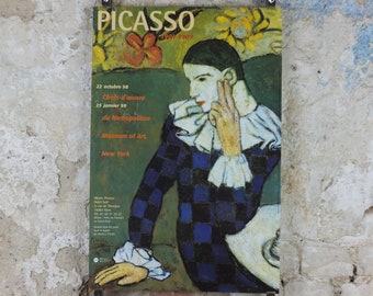 1998 Pablo Picasso Poster, Seated Harlequin, Metropolitian Museum of Arts New York, Blue period, artist gallery exhibition, wall art decor