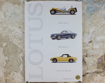 2000s Lotus Poster, showing sports cars Seven, Elite, Elan S1/2 hung in dealer showroom, Group Lotus sports, wall art decor