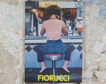 1980s Fiorucci rare Poster, Jeans spread on diner stool in red and white stripes, Italian fashion label, advertising retro wall art decor